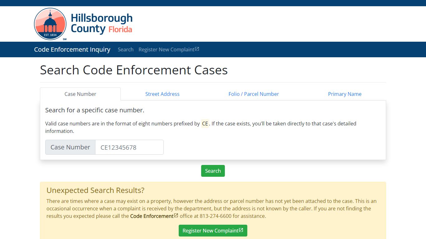 Search Code Enforcement Cases - Hillsborough County, Florida